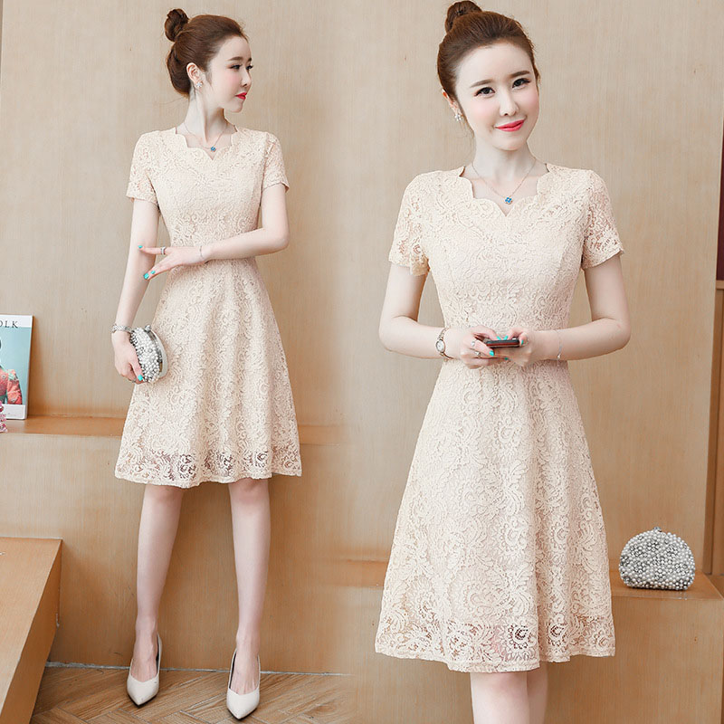 kudapy เดรสลูกไม้สีชมพูโอรส/สีครีม แขนสั้น กระโปรงทรงบานคลุมเข่า แนวเรียบร้อย สวย ดูดี ชุดเดรสทำงาน ชุดเดรสออกงาน