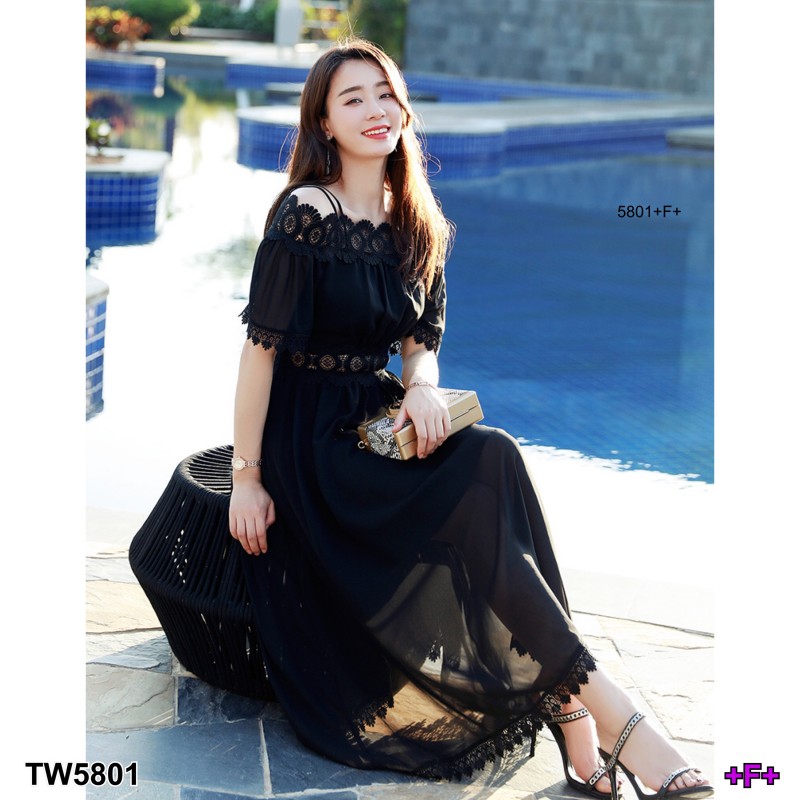 kudapy เดรสตัวยาวสีขาว ชมพู ดำ แดง เหลือง สายเดี่ยว2เส้น ดีไซน์ปาดไหล่ ผ้าชีฟอง ปาดไหล่ลูกไม้ถักทออย่างละเอียด