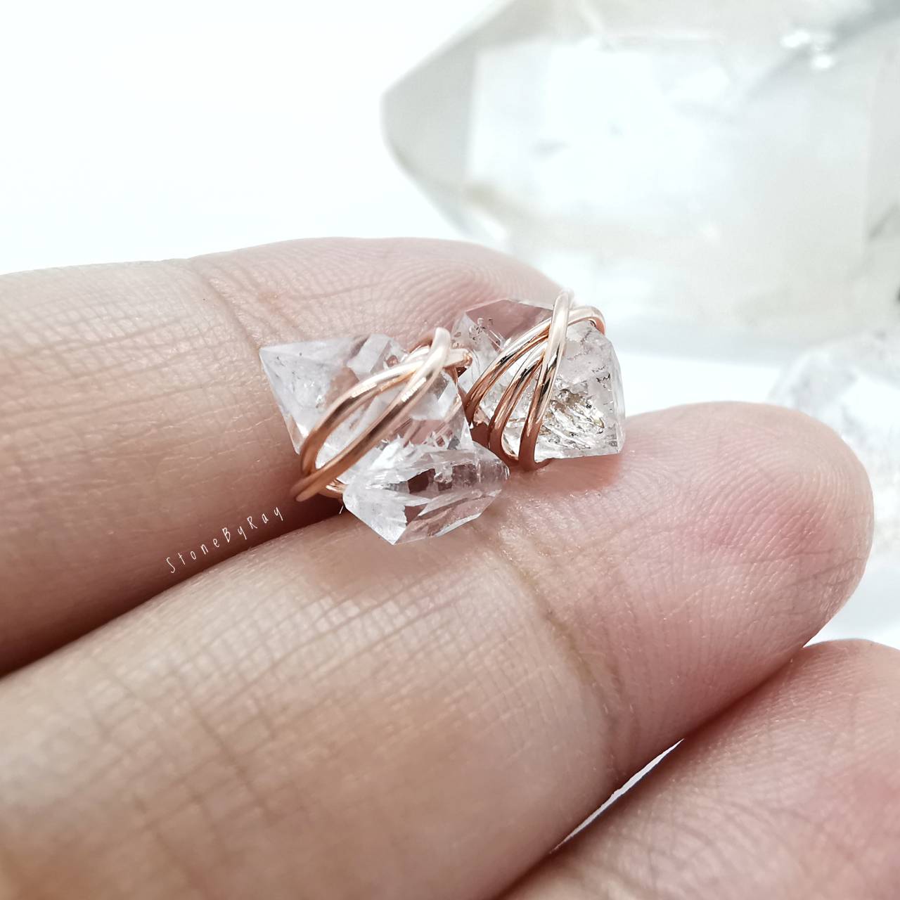 ต่างหูเงินชุบพิ้งโกลด์หินเฮอร์คิเมอร์ไดม่อน Herkimer Diamond