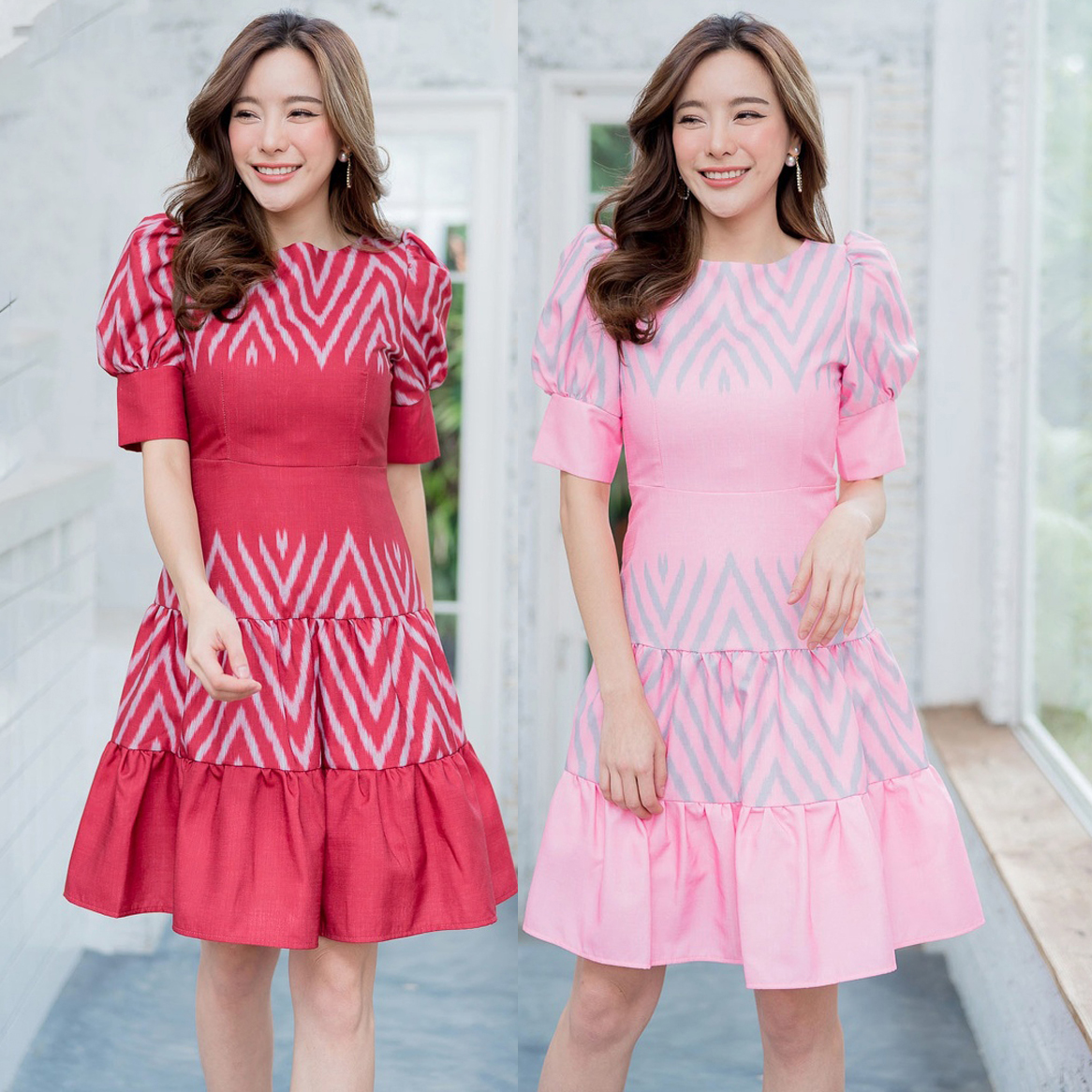 kudapy เดรสสั้นผ้าไทยแขนพองตุ้กตา เดรสสั้นไปงาน กระโปรงระบายสองชั้น งานวิบหลังจร้าา