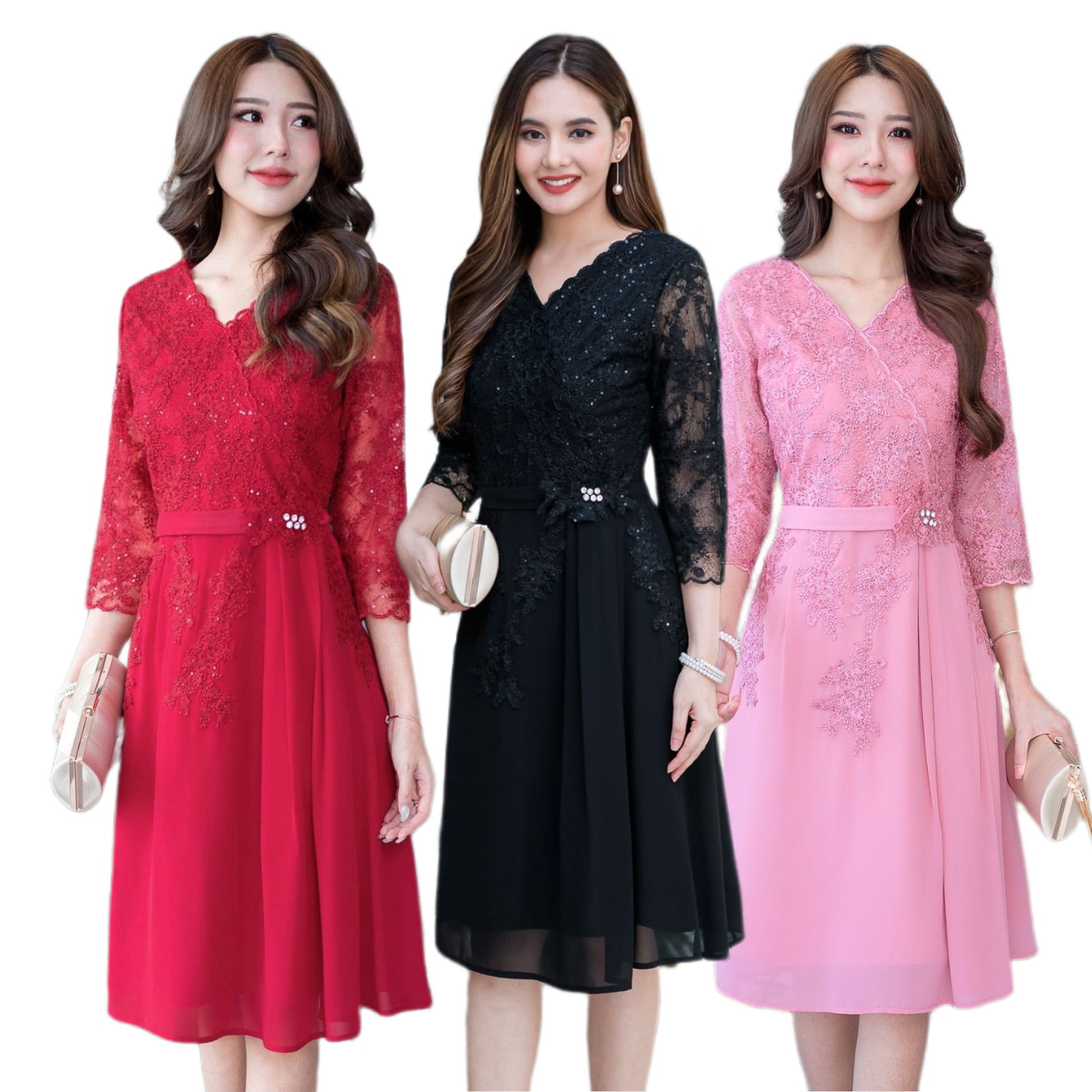 kudapy เดรสสั้นสีชมพู/สีดำ/สีแดง/สีม่วง ลูกไม้ปักเกรดพรีเมี่ยมสวยหรูตกแต่งเลื่อมทั้งตัว ช่วงกระโปรงเป็นผ้า chiffon