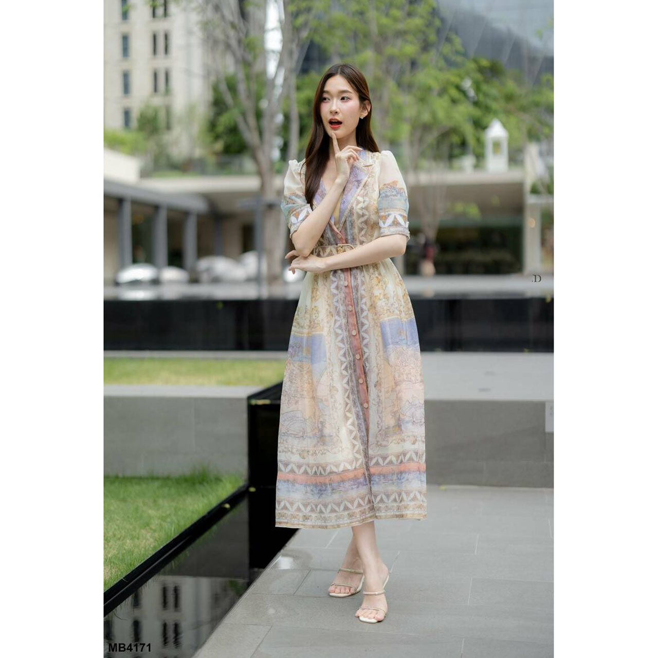 kudapy เดรสยาวสีครีม เดรสคอปกพิมพ์ลาย ใส่ออกงานเที่ยวทะเลสวยดูดี