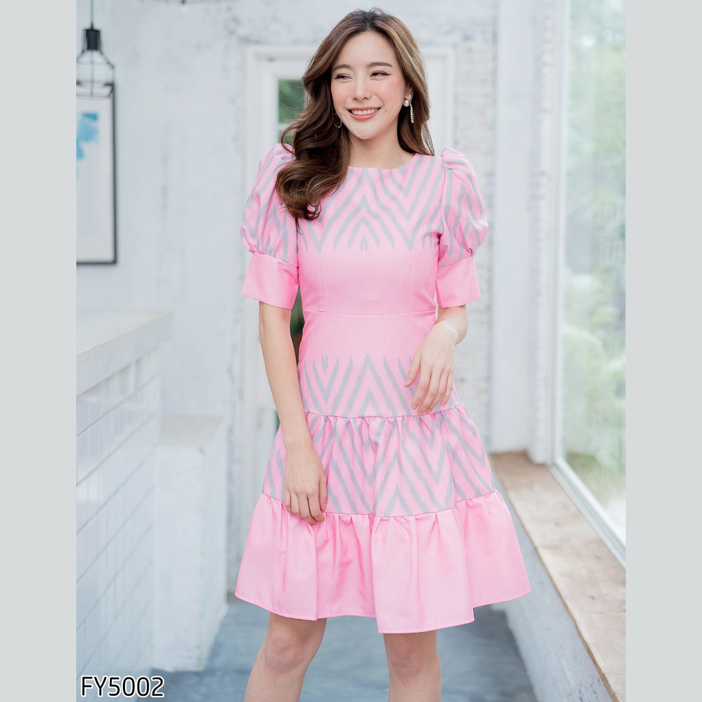 kudapy เดรสสั้นผ้าไทยแขนพองตุ้กตา เดรสสั้นไปงาน กระโปรงระบายสองชั้น งานวิบหลังจร้าา