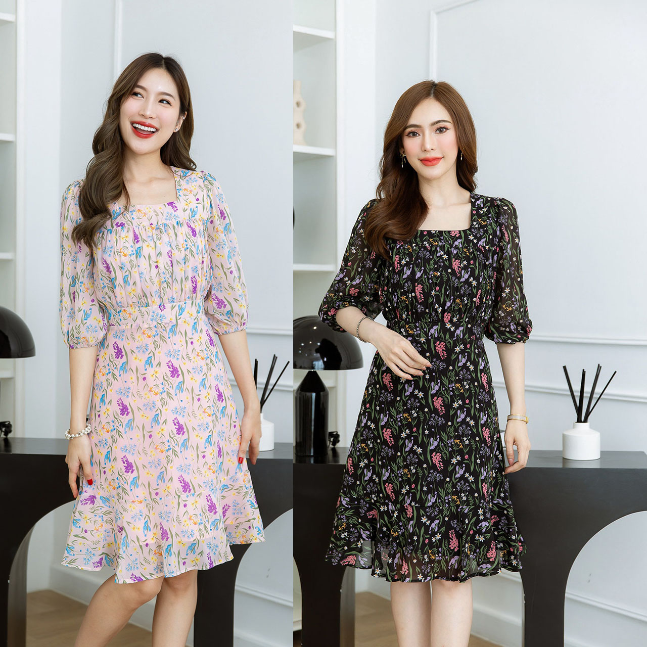 kudapy เดรสสั้นสีดำ/สีชมพู ชีฟอง คอเหลี่ยม มีดีเทลเย็บจั๊มซ้อนเป็นเลเยอร์ช่วงอก ชายกระโปรงเป็นระบายสวยกำลังดี แขนสามส่วนจั้มปลายแขน
