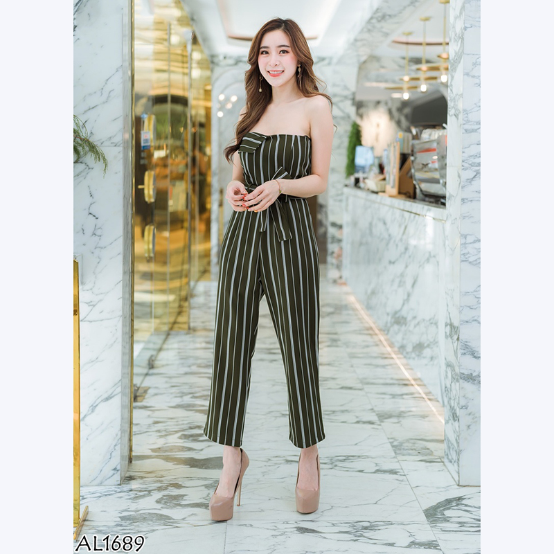 kudapy จั๊มสูทขายาวสีดำ,เขียว เกาะอกลายทางใส่สบายสวยดูดี