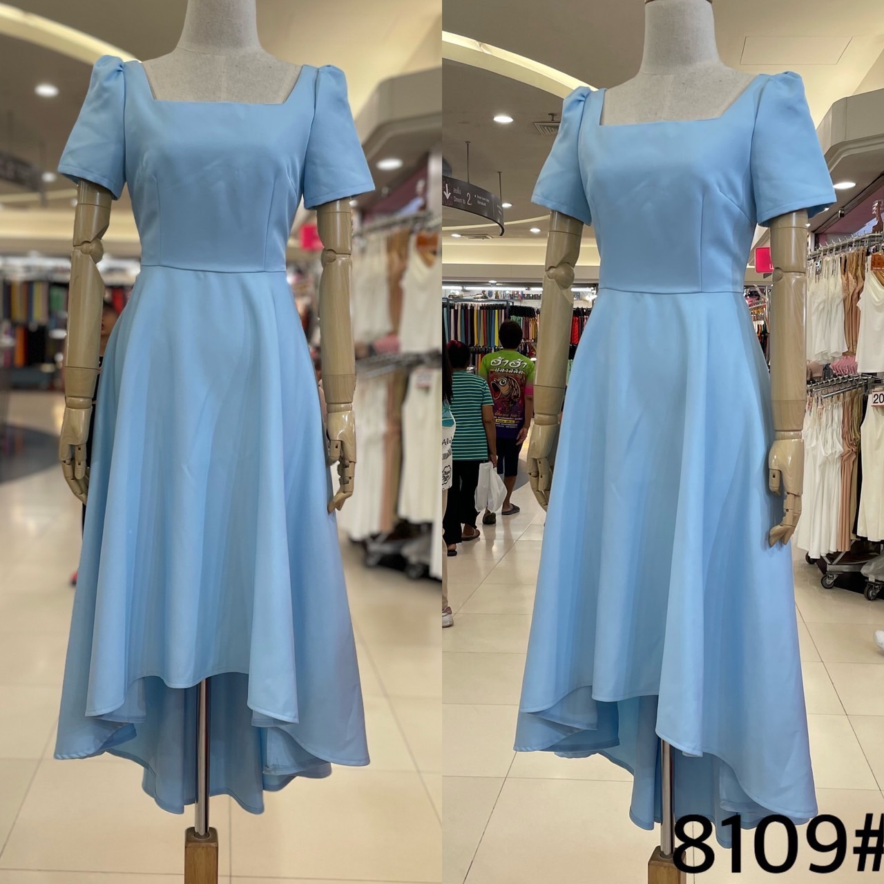 kudapy เดรสกระโปรงทรงหน้าสั้นหลังยาว/สีขาวงาช้าง/สีม่วง/สีชมพูพาสเทล/สีเทาอ่อน/สีชมพูกลีบบัว แขนสั้น คอเหลี่ยม คัตติ้งเริศแบบอลัง