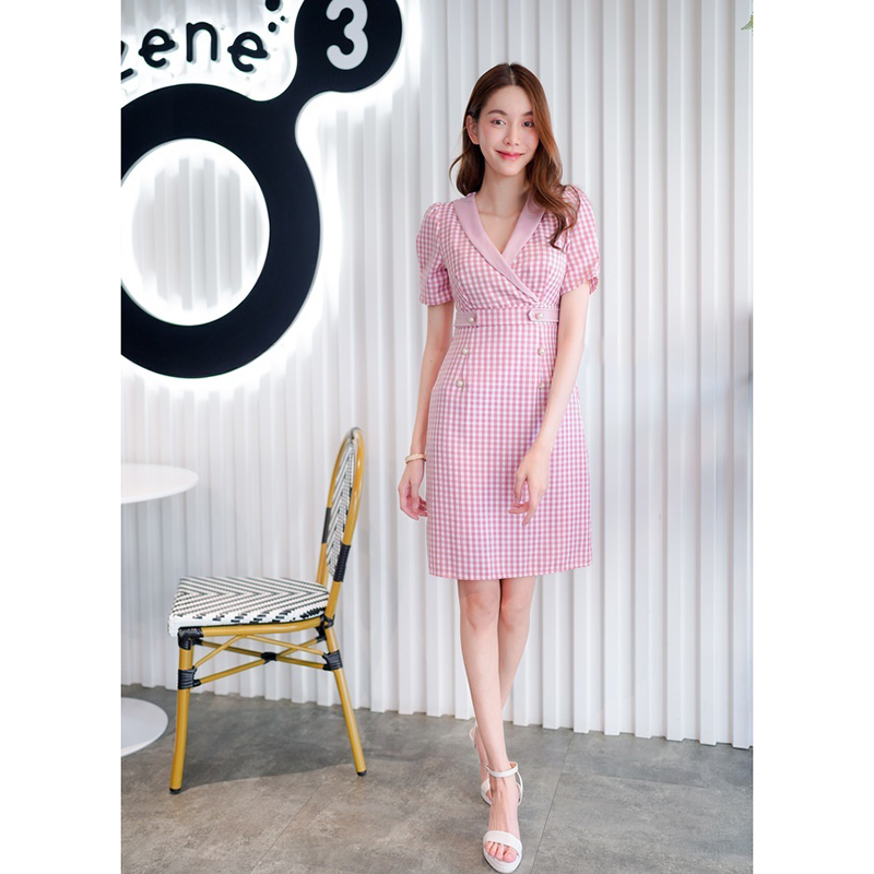 kudapy เดรสสั้นสีม่วง/สีกรม/สีชมพู คอปกสูทลายสก็อต