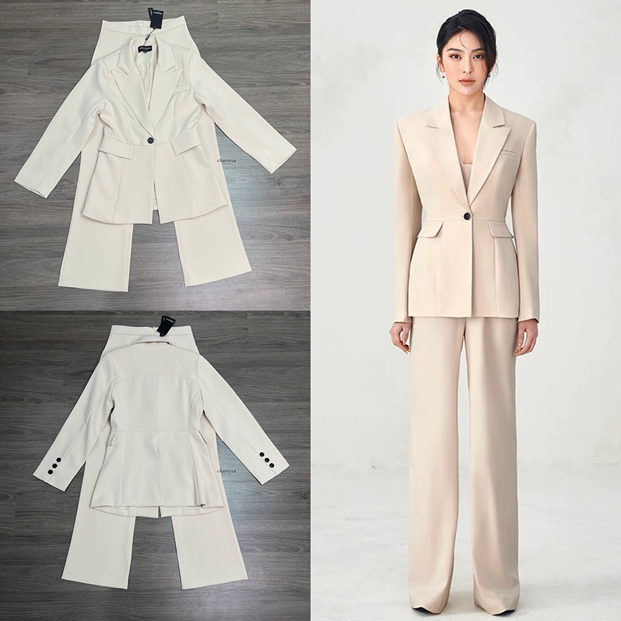 kudapy Set suit ชุดสูทสีครีมรุ่นนี้เป็นอีกรุ่นที่แนะนำมากก ตัวเสื้อออกแบบมาให้ดูยาว ผอมสูง ดีไซน์เย็บต่อชายเสื้อ แต่งกระเป๋าหลอก
