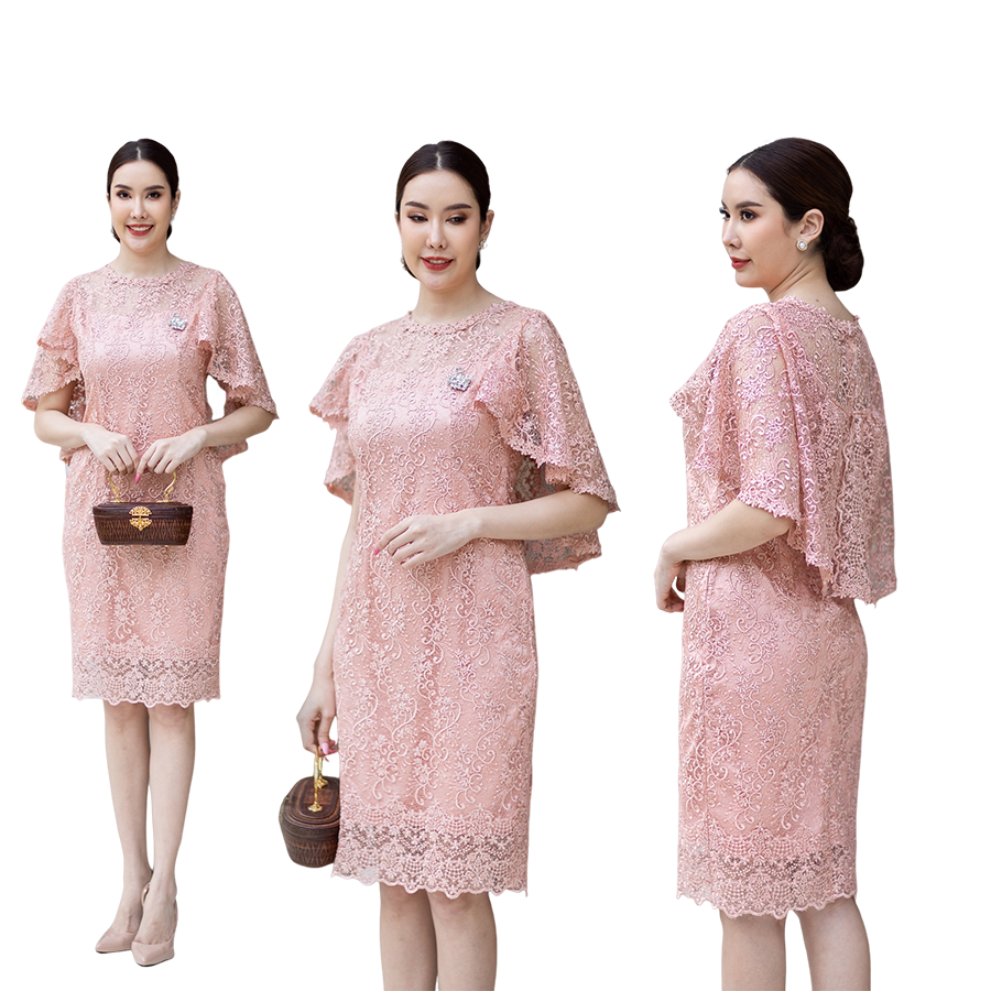 kudapy เดรสสั้นผ้าลูกไม้ฝรั่งเศษ สีทอง สีชมพู สีฟ้าเทา ผ้าลูกไม้ใยบวบเนื้อแน่น -ทรงสวยปีกค้างคาวทรงสวยเข้ารูป มีซับในซิบหลัง