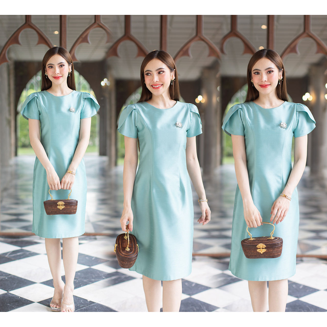 kudapy เดรสสั้นสีชมพู/สีเขียวอ่อน/สีดำ/สีขาว เดรสผ้าไหม 4 เส้น เนื้อผ้าอย่างดี อัดกาวทั้งตัว ทรงสวย