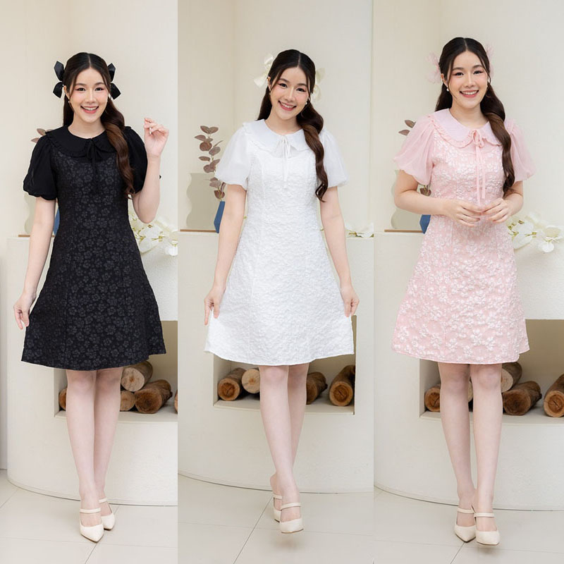 kudapy เดรสสั้นสีชมพู/สีขาว/สีดำ ผ้านูนลายดอกแขนตุ๊กตา งานซิปซ่อนด้านหลัง ใส่สวยไม่ซ้ำ