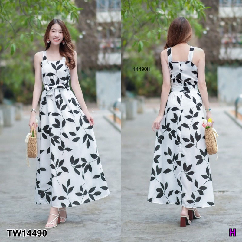 kudapy Maxi Dress เดรสสายเดี่ยวยาว สีชมพู ดำ เขียว เหลือง งานผ้าสลาฟพิมพ์ลายใบไม้ มีซิปซ่อนด้านหลัง มีซัปใน มีโบว์แยก 1 เส้น