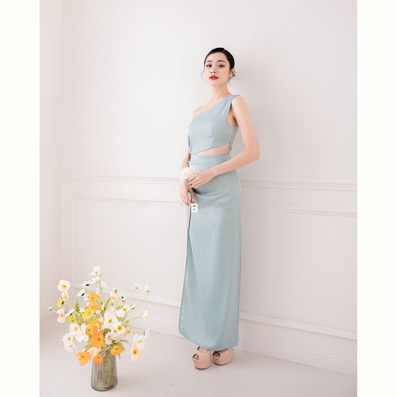 kudapy เดรสยาวน้ำตาลอิฐ / ชมพู / เขียว ดีเทลซีทรูคอดเข้าช่วงเอวบน ด้านข้างแหวกเป็นแบบรูดปรับระดับได้ตามชอบ