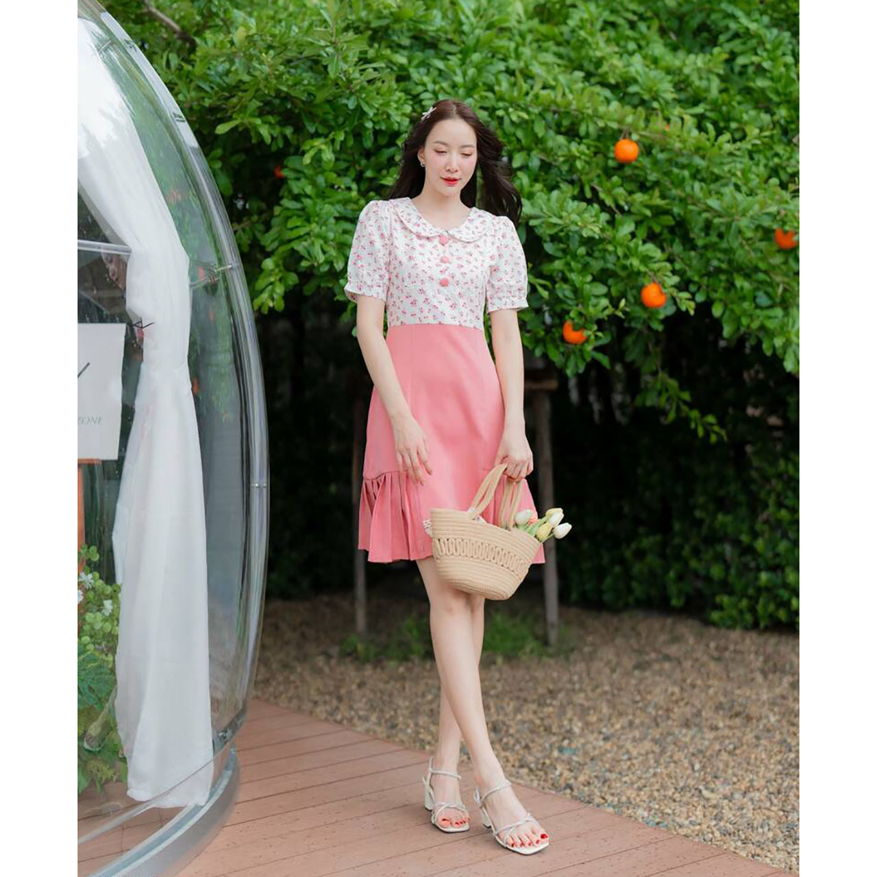 kudapy เดรสสั้นสีชมพู สีกรม สีน้ำเงินเข้ม คอบัวเสื้อลายดอกกระโปรงผ้าพื้น