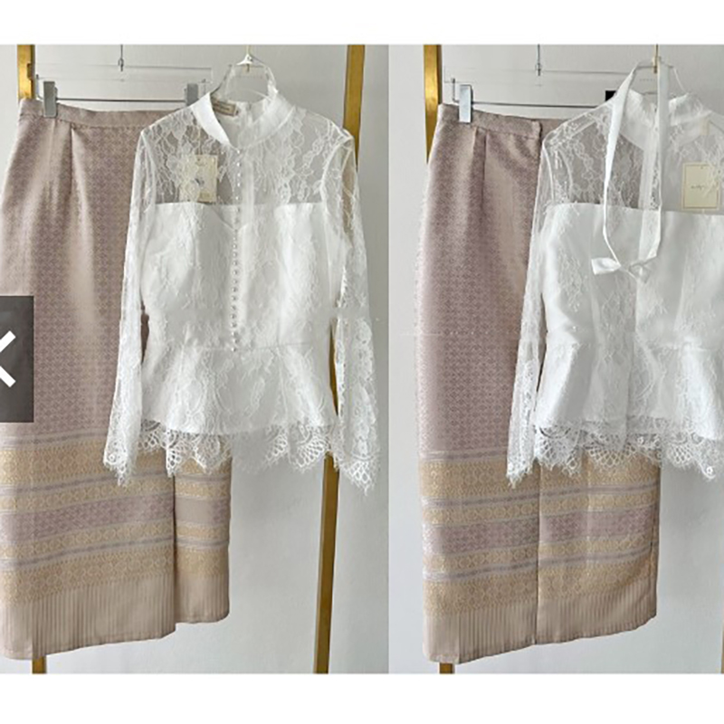 kudapy เซทแยก 2ชิ้น เสื้อลูกไม้สีขาว,สีทอง + ผ้าถุงโทนสีครีมทอง เสื้อลูกไม้แขนยาวคอจีน