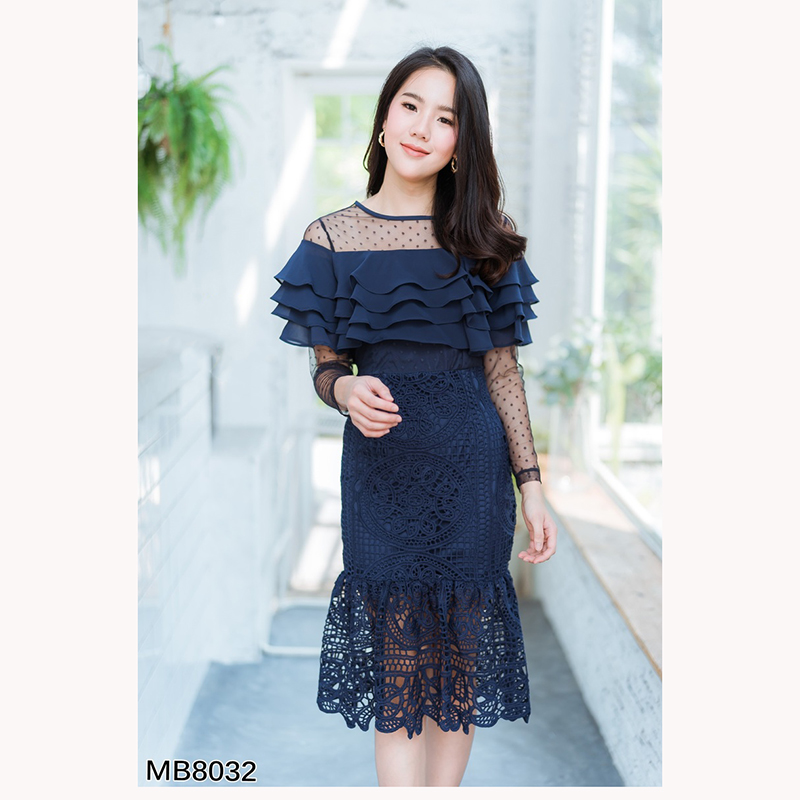 kudapy เดรสสั้รสีชมพู/สีกรม/สีขาว ลูกไม้อกชีฟอง4ชั้นใส่สวยดูดี