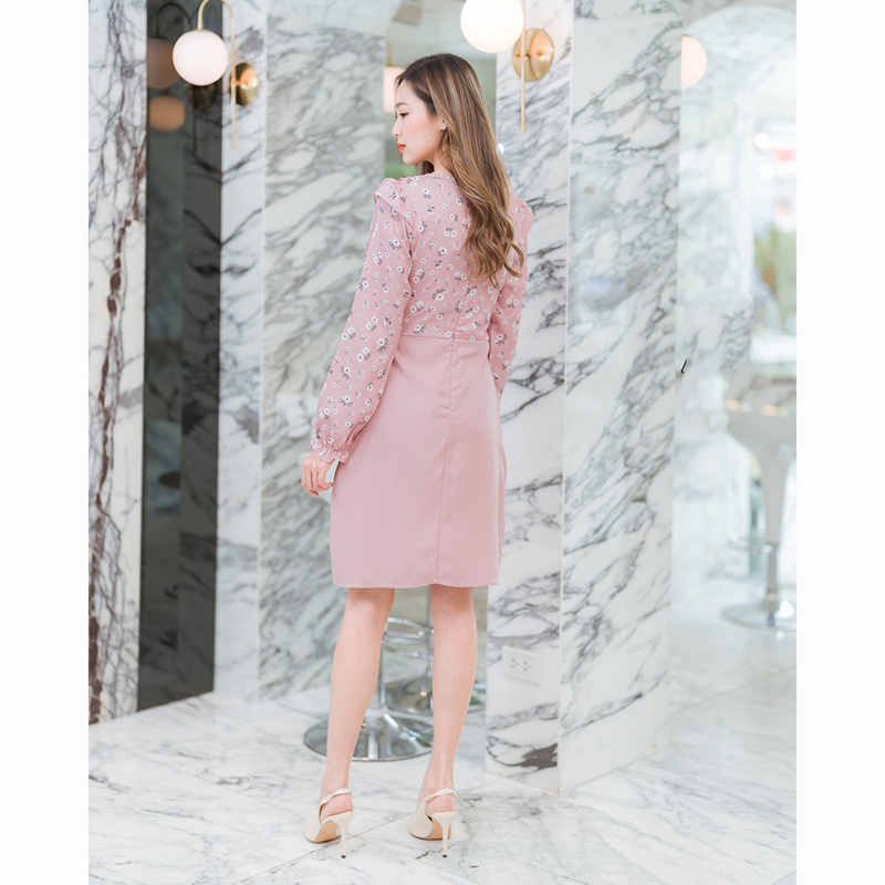 kudapy เดรสสั้นคอกลมสีฟ้า/สีชมพู/สีเขียว ใส่ทำงานแขนยาวคอระบายผูกโบว์กลางอก