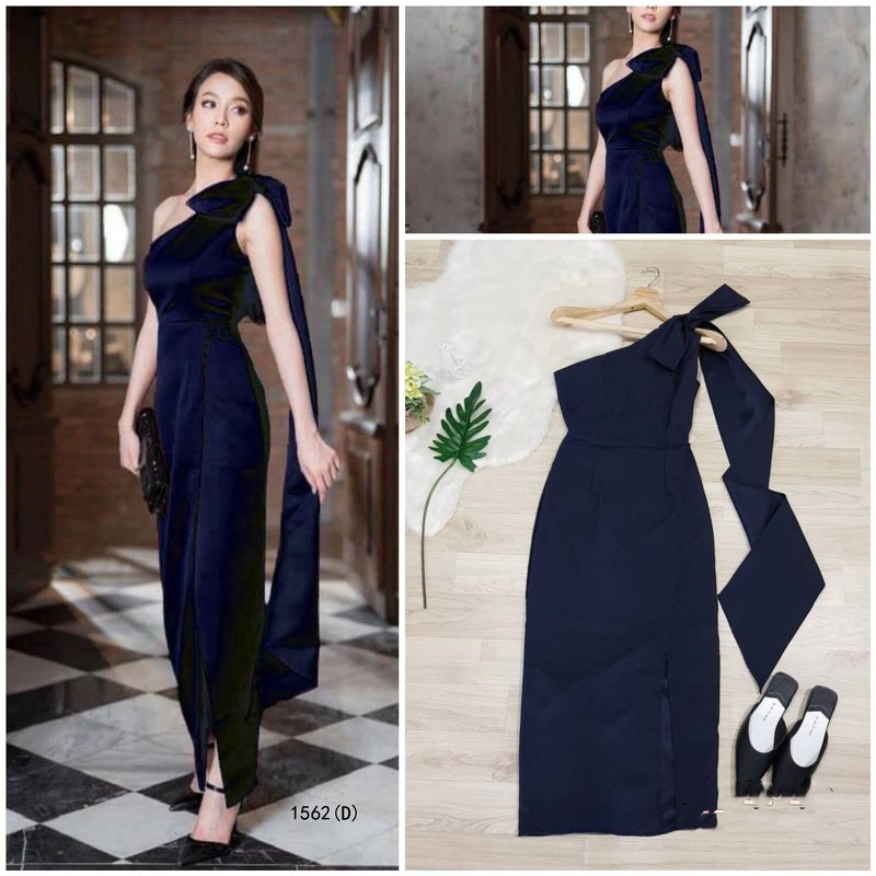 kudapyเดรสยาวสีแดง/ชมพู/กรมท่า/ครีม ไหล่เดี่ยว แต่งโบว์ 1 ข้าง ปล่อยสไบยาว สวยๆ กระโปรงด้านหน้าแต่งไขว้ งานเนื้อผ้าซาร่า ซิปหลัง