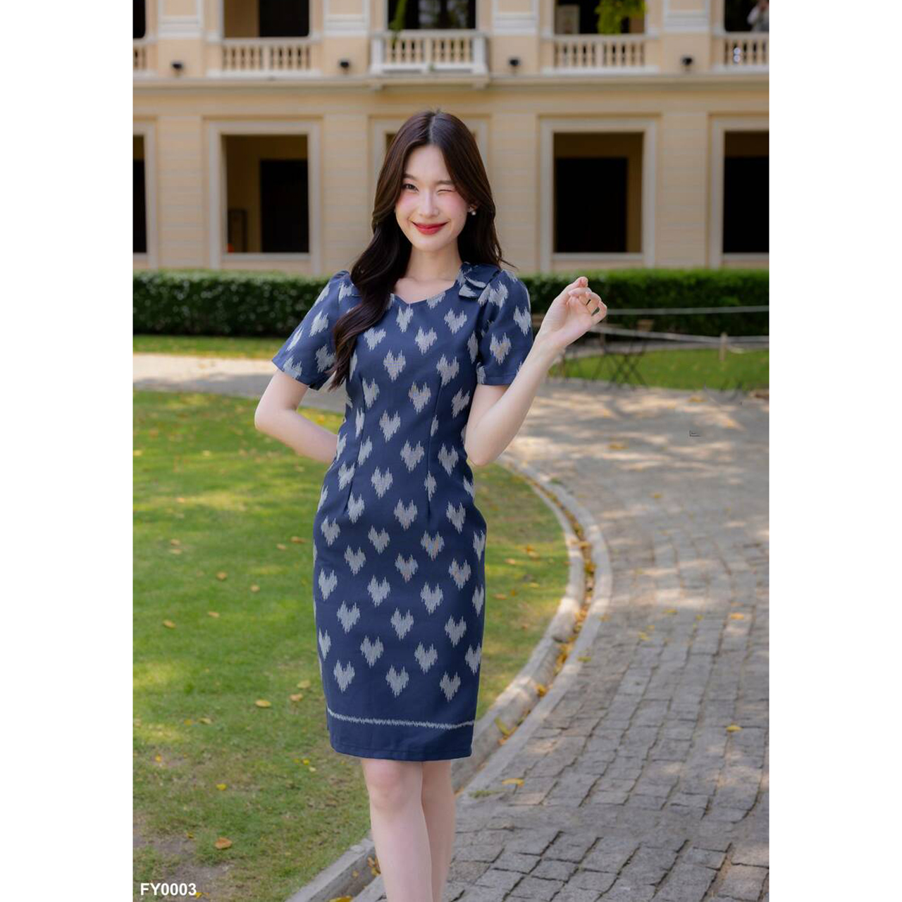 kudapy เดรสสั้นสีชมพู/สีกรม ผ้าไทยลายหัวใจ ใส่ทำงาน ใส่ออกงานสวยดูดี