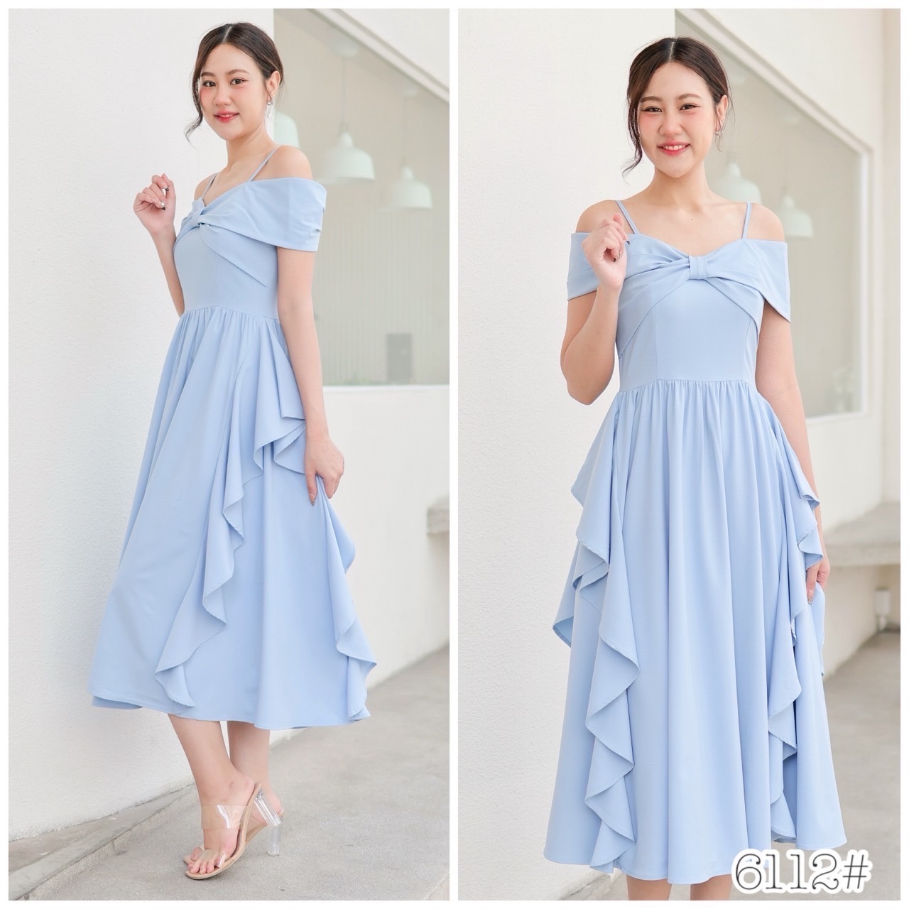 kudapy เดรสสั้น เดรสออกงานสุดพริ้ว เดรสเปิดบ่า ปิดแขน อกโบว์ กระโปรงบานพริ้ว แต่งริ้วด้านข้าง