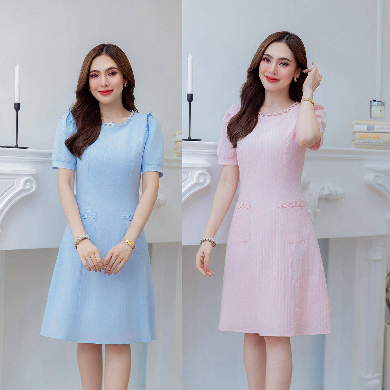 kudapy เดรสสีพื้นสวยหวาน ดีเทลแต่งลูกไม้รอบคอ แต่งกระเป๋าด้านหน้า ช่วงไหล่มีดีเทลเย็บระบาย