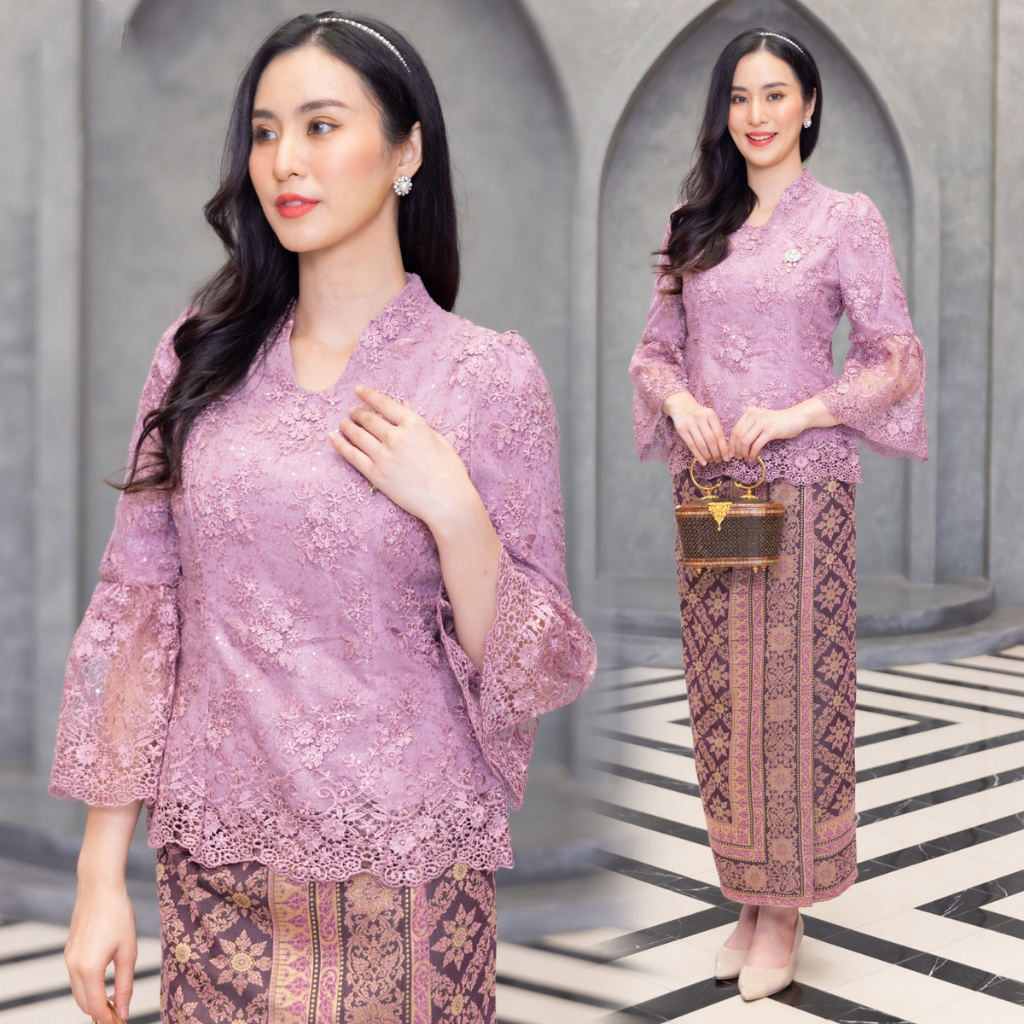 kudapy ชุดเซ็ทออกงานเสื้อลูกไม้สีทองน้ำผึ้ง/สีม่วงกะปิ เนื้อผ้าลูกไม้ฝรั่งเศสสุดละมุน สั่งทอแบบพิเศษ