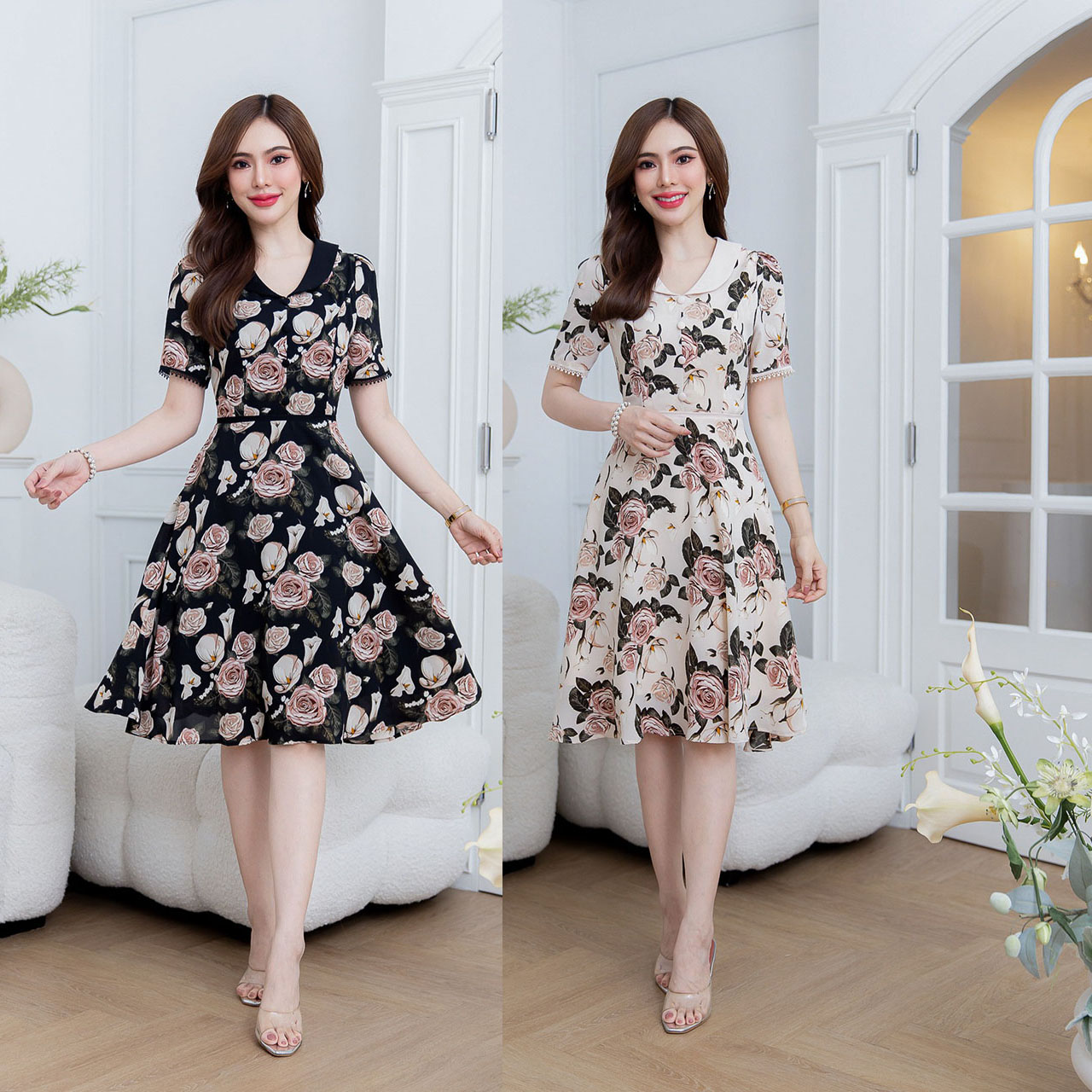 kudapy เดรสสั้นสีครีม/สีดำ คอปก ผ้าชีฟอง ลายกุหลาบโทนสีสวย แต่งกระดุมช่วงอก และแต่งลูกไม้ชายแขน