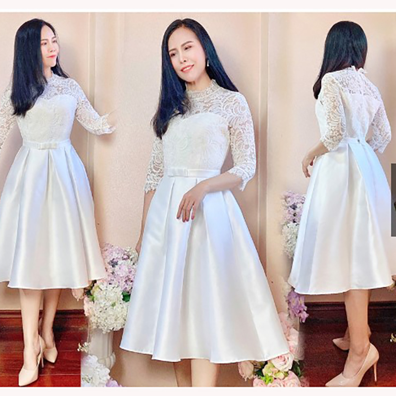 kudapy ชุดเดรสออกงานผ้าลูกไม้สีขาว/ชมพู/ทอง แขนสามส่วน ไหล่ซีทรู เดรสผ้าไหมออกงาน
