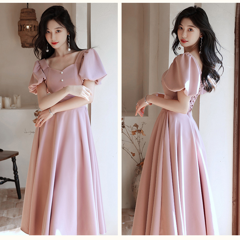 kudapy เดรสสั้นสีชมพู แขนบอลลูนแต่งกระดุมมุกกระโปรงทรงบาน สวยหวาน เรียบหรู สวยดูดี สไตล์มินิมอล ใส่ได้ทั้งงานกลางวัน กลางคืน