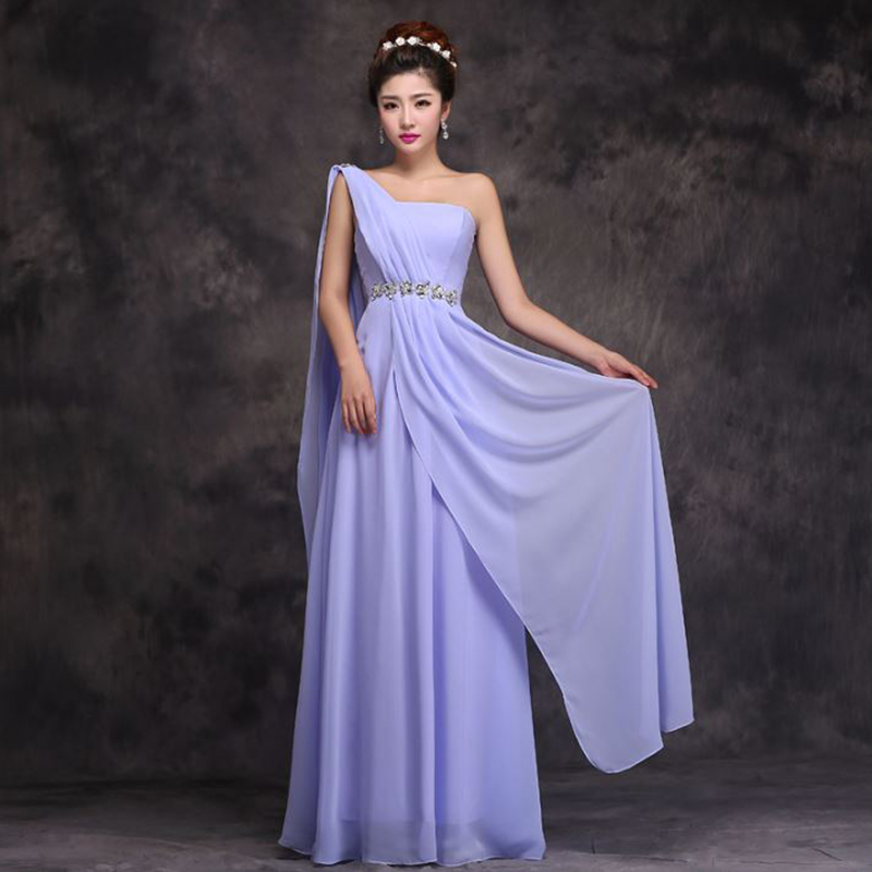 kudapy ชุดราตรียาวสีแดง/สีฟ้าอ่อน/ม่วงอ่อน ไหล่เดียว จับเตรปสไตล์กรีก คาดคริสตัลช่วงเอว