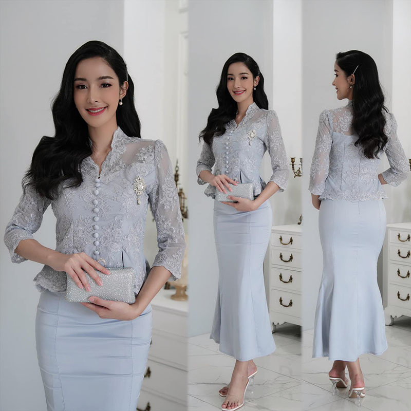 kudapy ชุด setสีครีม/สีเทา/สีชมพู เสื้อลูกไม้ทอลายดอกไม้สุดหรูแขนยาว+กระโปรงหางปลา