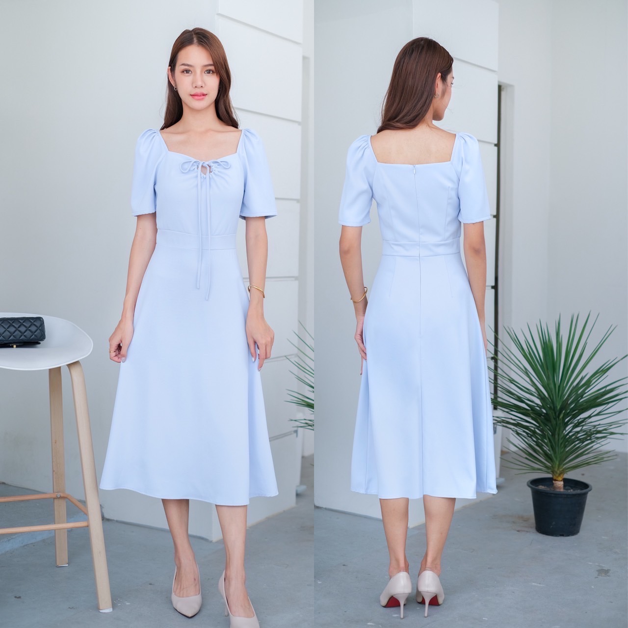 kudapy เดรสยาว ดีเทลช่วงอกแต่งจับจีบ มีเชือกมัดหลังคอ บ่าจับจีบ เย็บต่อช่วงเอว กระโปรงฟรีสะโพก