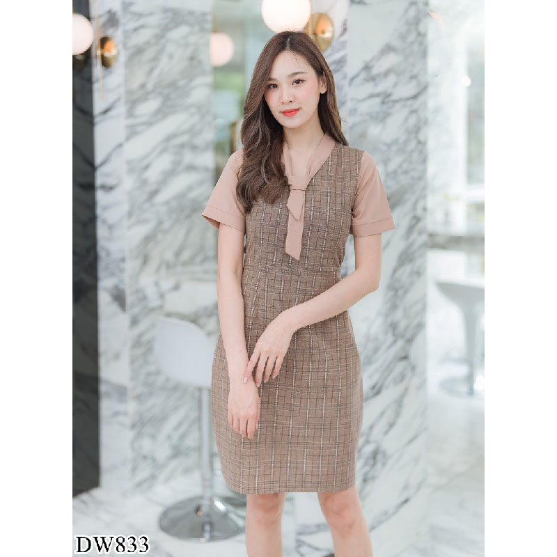 kudapy เดรสสั้นสีดำ/สีน้ำตาล/สีกรม ลายสก๊อตแขนตุ๊กตา