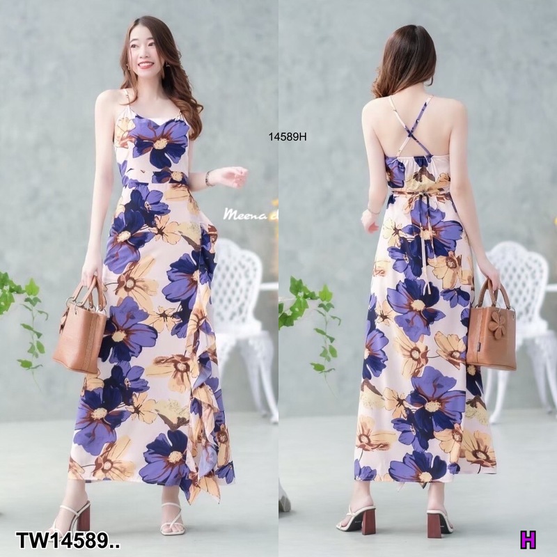 kudapy เดรสยาวสีครีม ชมพู ดำ ม่วง สายเดี่ยวไขว้สายด้านหลัง แต่งผ้าระบายและผ่าด้านข้าง มีซิปซ่อนด้านข้าง มีโบว์เส้นเล็กผูกเอวปรับระดับได้ งานผ้าไหมอิตาลี