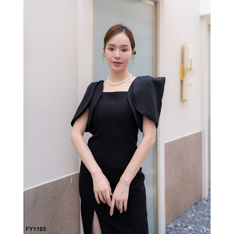 kudapy เดรสสั้นสีดำ/สีขาว/สีชมพู/สีครีม ไหล่ตั้ง+สร้อยมุก ใส่ออกงานสวยดูดี