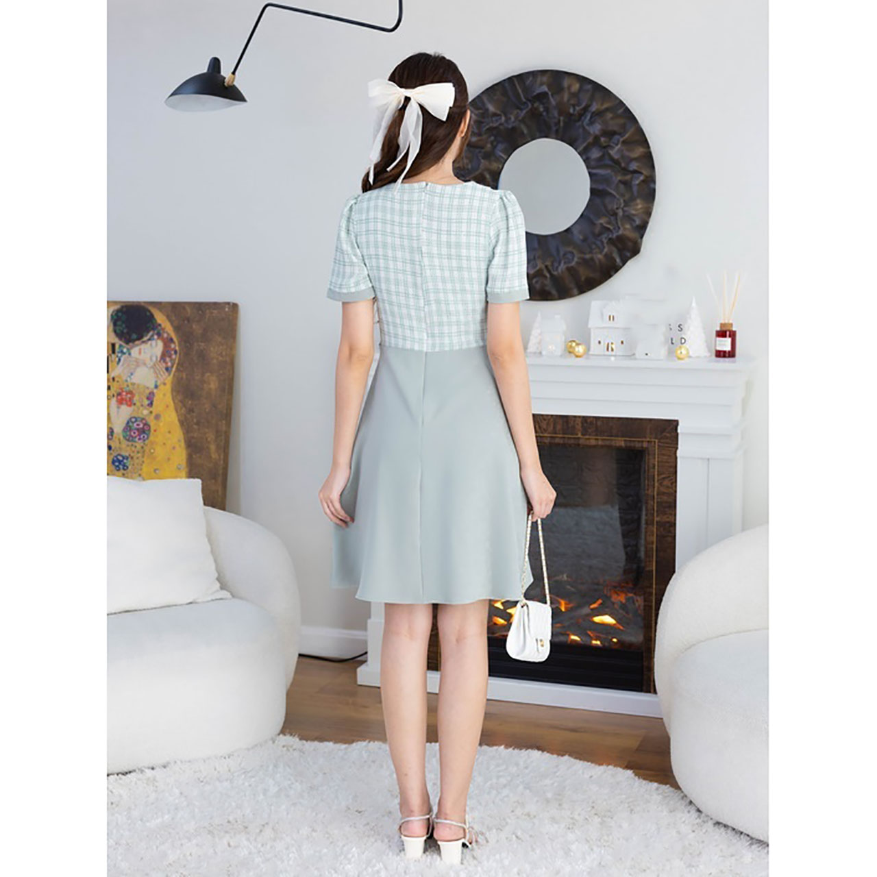 kudapy เดรสสั้นสีฟ้า สีเขียว สีชมพู สีพื้นทรงบานแต่งเสื้อลาย+กระดุม 3 ชิ้น