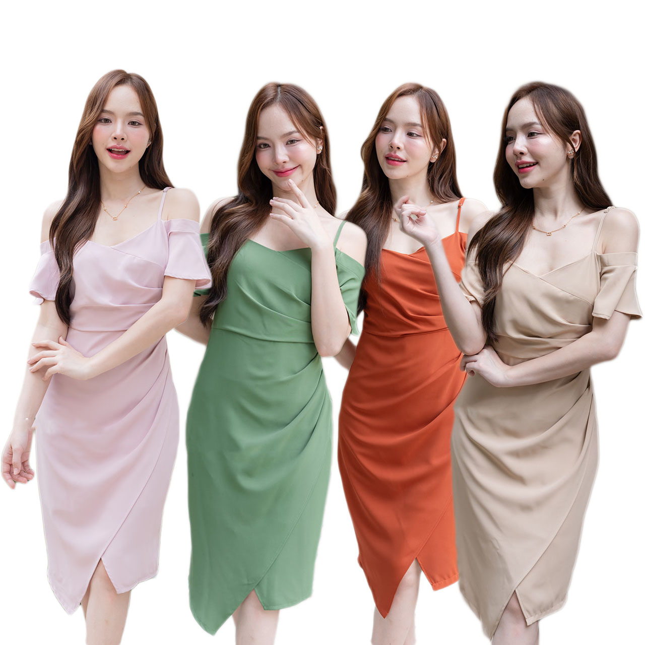 kudapy เดรสสั้นสีชมพู/สีเขียวสีครีมเบจ/สีส้ม ดีเทลจับจีบเดรปด้านข้างช่วงอกและเอว เปิดโชว์ช่วงไหล่ เดรสงานปาร์ตี้