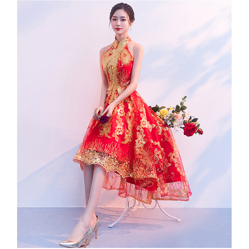 kudapy ชุดเจ้าสาวยกน้ำชาสีแดง คอเต่าแขนกุดหน้าสั้นหลังยาว