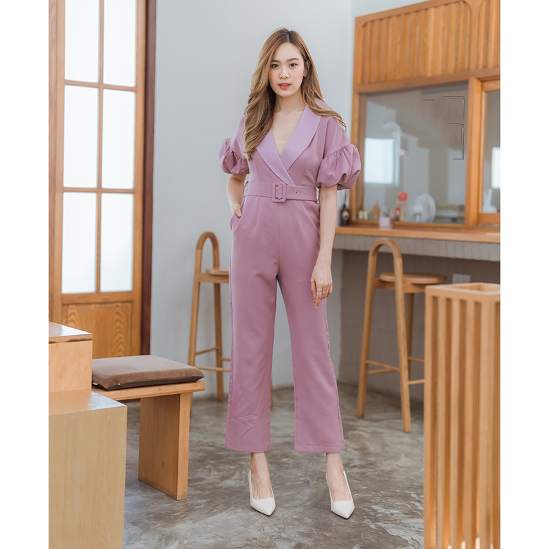 kudapy จั้มสูทขายาวสีชมพู/สีน้ำตาล คอปกแขนตุ๊กตากางเกงขายาวบาน