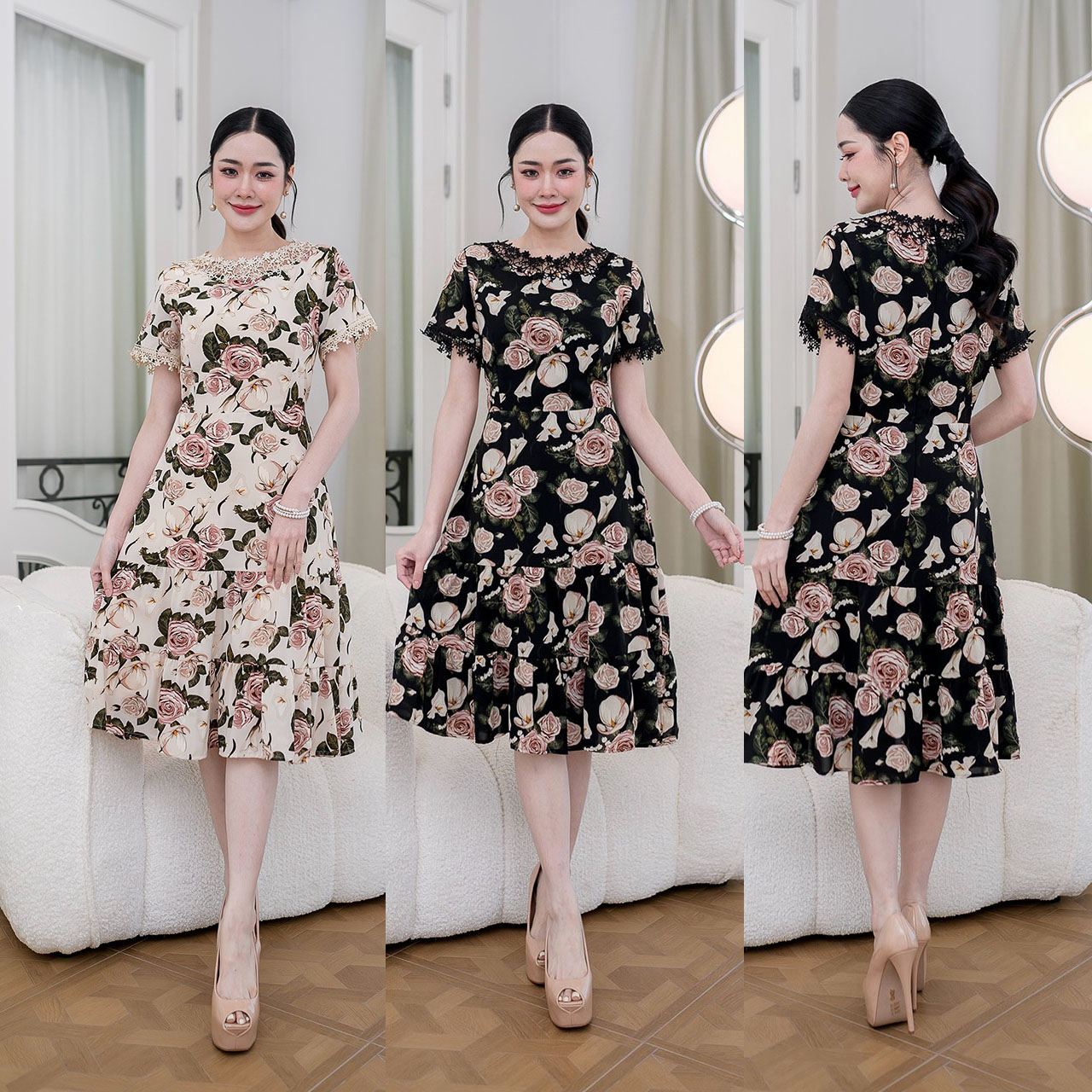 kudapy เดรสสั้นสีดำ/สีครีม ผ้าพิมพ์ลายกุหลาบ เนื้อผ้าเย็นลื่นเย็นใส่สบาย รอบคอตกแต่งด้วยแผงคอลูกไม้สวยหวาน ปลายแจนแต่งด้วยลูกไม้น่ารัก