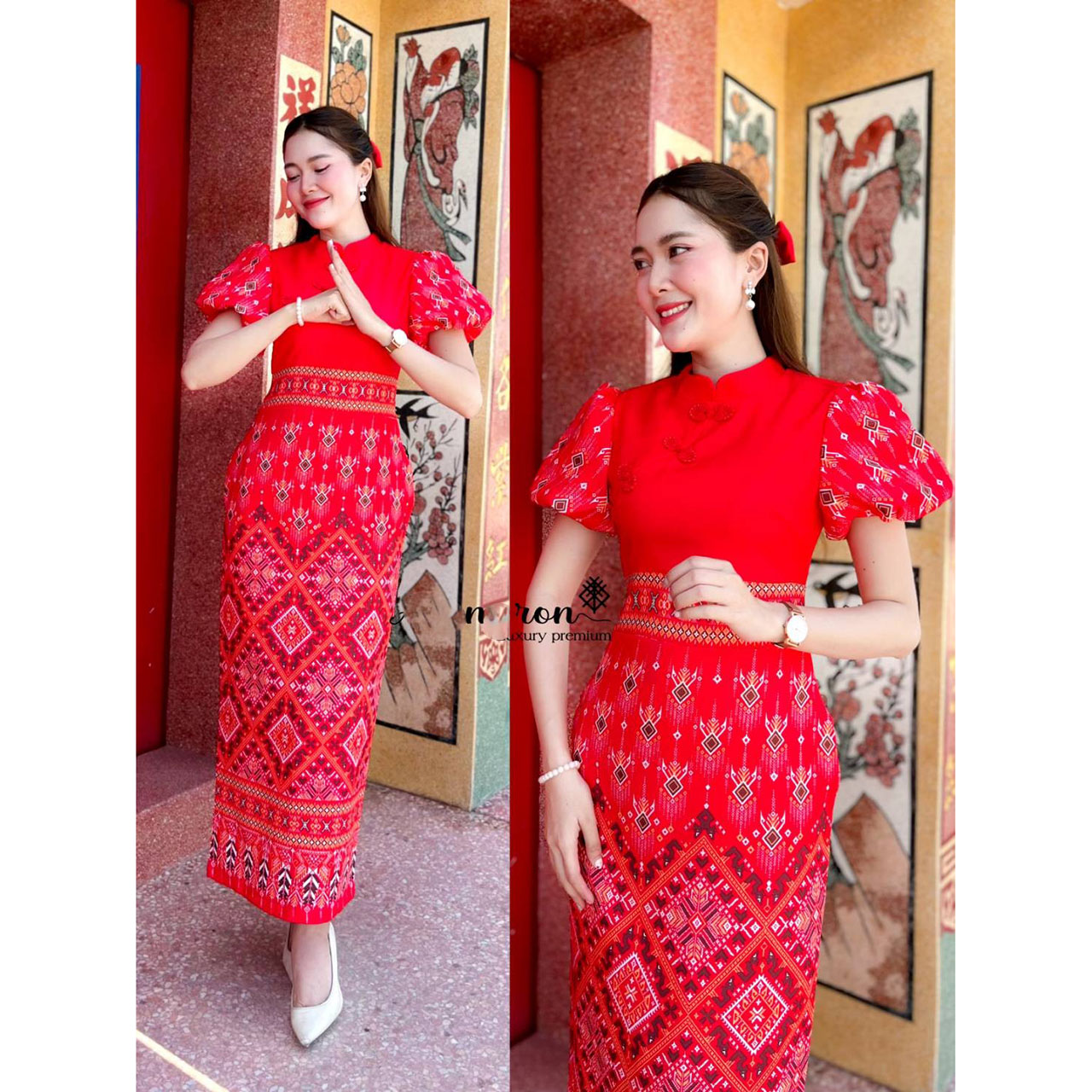 kudapy ชุดเดรสยาวสีแดง ชุดกี่เพ้าผ้าลายไทย อัดผ้ากาว ลวดลายสวยคมชัด ไตล์กี่เพ้า รับรองดูดีดู