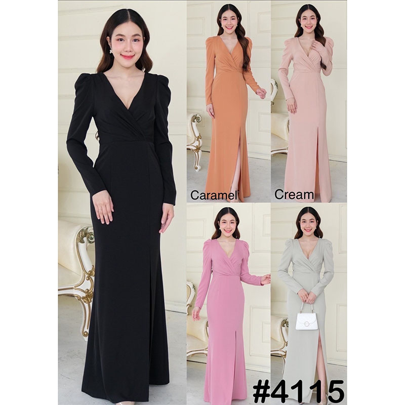 kudapy ดรสยาวสีคาราเมล/สีเขียวพิตาชิโอ้/สีครีมนู้ด/สีชมพู/สีดำ จับจีบเอว อกไขว้วี แต่งแขนตุ๊กตาทรงแขนยาว กระโปรงทรงสอบ ผ่าหน้า