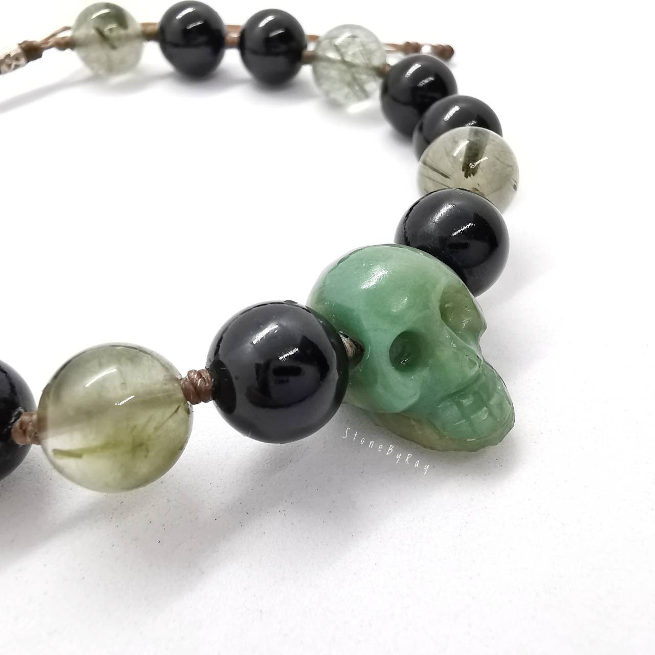 สร้อยข้อมือหินกรีนเพรสแจสเปอร์,นิล,หินไหมเขียว Green Prase Jasper+Black Spinel+Green Rutile Quartz