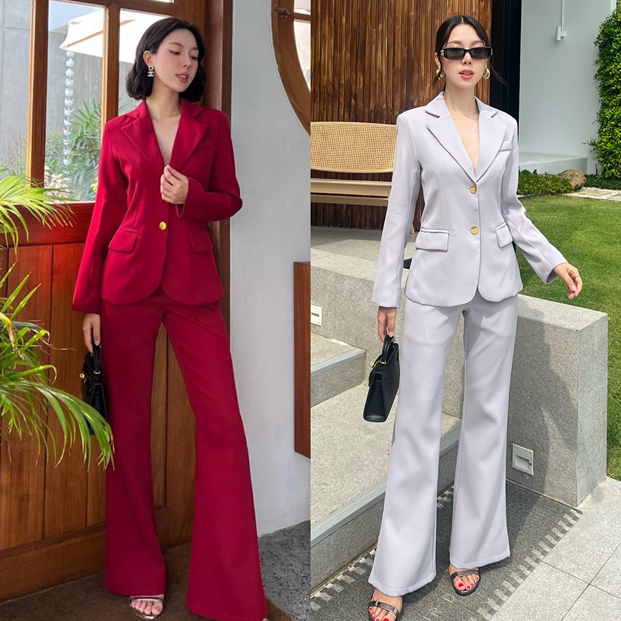 kudapy setsuit เสื้อ+กางเกง สีแดง,สีเทา,สีชมพู เป็นอีกรุ่นที่แนะนำมาก รุ่นนี้ใช้ผ้าทอพิเศษ จะมีความนิ่มลื่น ไม่ยับง่าย Texture ของผ้าคือมีความหรูหรา แต่งกระดุมทอง 2