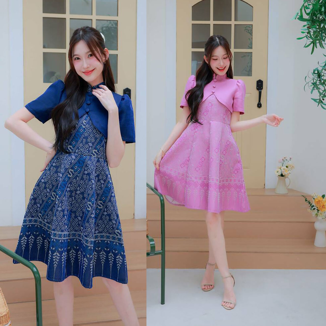 kudapy เดรสสั้น ผ้าไทยมัดหมี่ลายเอส แต่งกระดุมหน้า ใส่ออกงานสวยดูดี