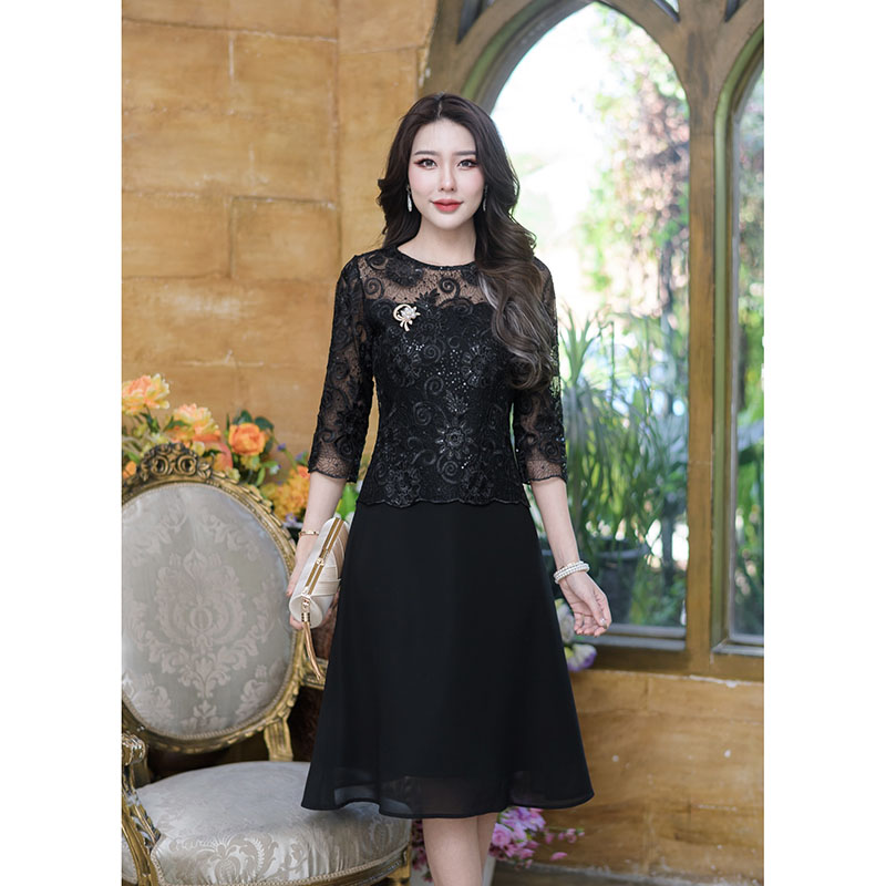 kudapy เดรสสั้นสีน้ำตาลแดง/สดำ/สีน้ำตาลโอวัลติน ลูกไม้ปักผ้าเกรดพรีเมี่ยม งานดีไซน์แขนห้าส่วน กระโปรงบานพริ้วเนื้อผ้า chiffon เบาสบาย