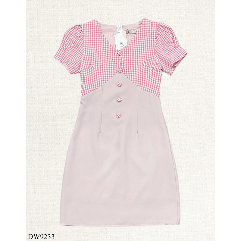 kudapy เดรสสั้นสีเขียว/สีชมพู/สีดำ สก๊อตคอวีแต่งกระดุม