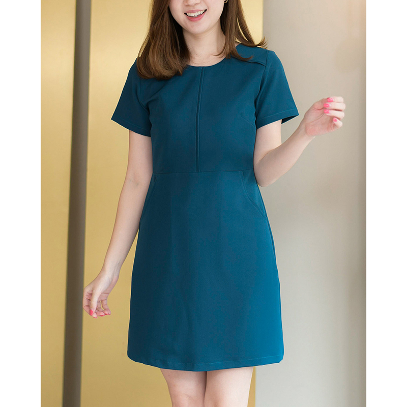 kudapy เดรสสั้นสีเขียวน้ำทะเล/สีน้ำตาล/สีเทาเข้ม มีซับในทั้งตัว ใส่สบายสวยดูดี