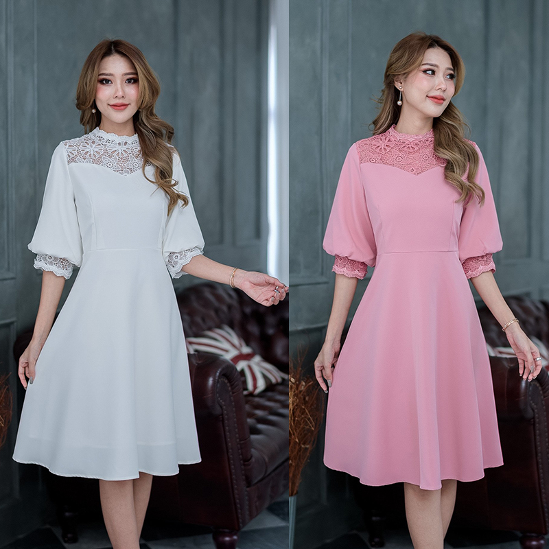 kudapy เดรสสั้นสีขาว/สีชมพู/สีดำ ทรงแขนพองจั้มปลายแขนช่วงแขนดูสวยดูแพง ดูไฮโซมากๆ