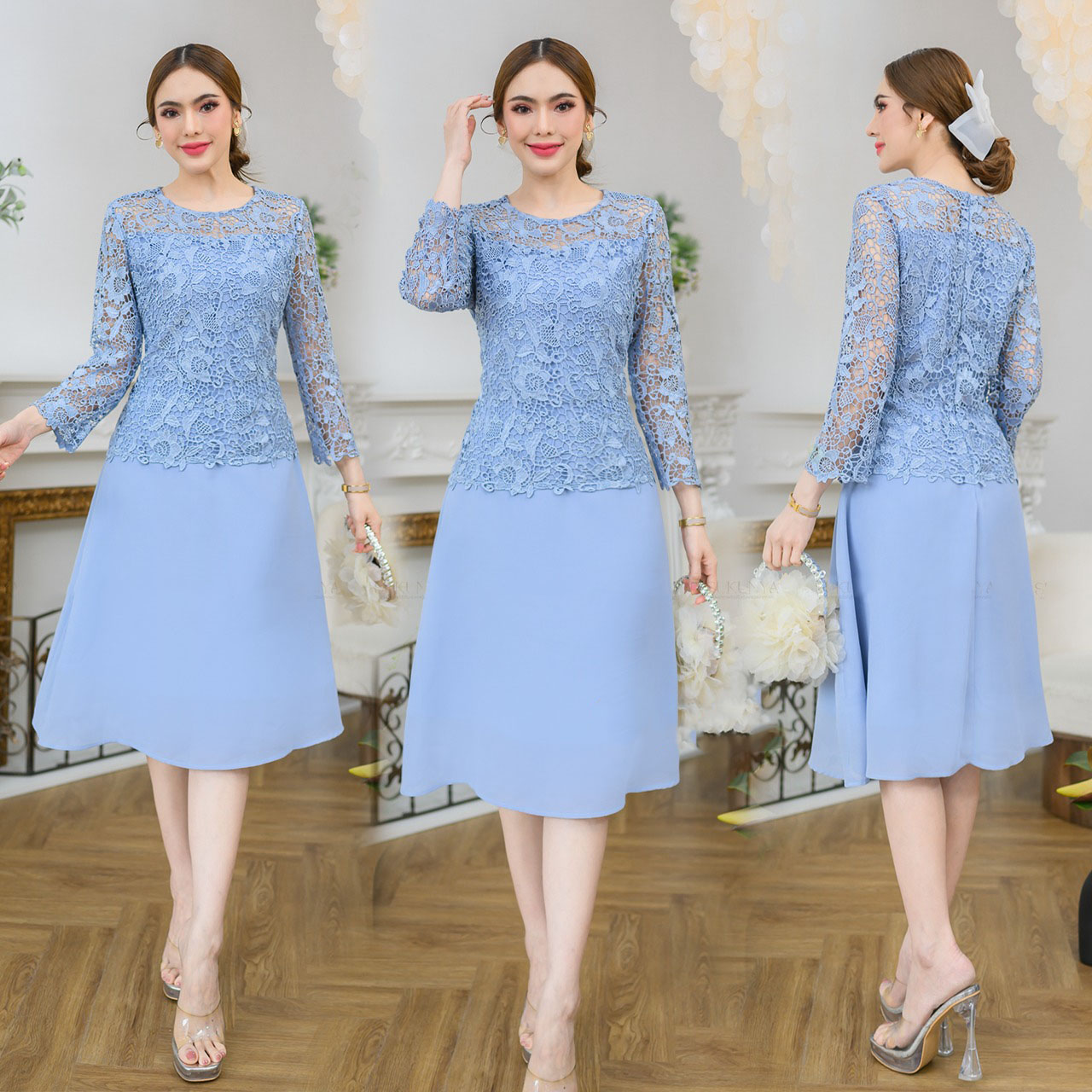 kudapy เดรสลูกไม้ เนื้อผ้าดีสวยงามตัวเสื้อใช้ลูกไม้คัดเกรดอย่างดีเนื้อเงาทอลาย กระโปรงเป็นผ้าชีฟอง